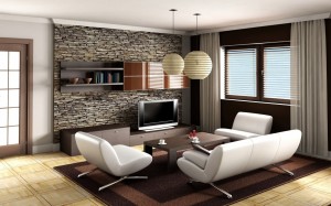 simple-living-room-ideas-amazing-design-brown-rug-rectangle-wooden-coffe-table-cabinet-shelves-hanging-lamps-white-fabric-sofa-stone-wall